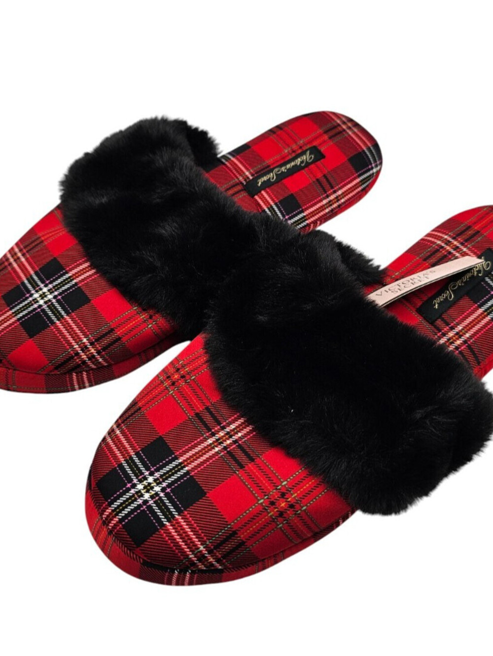 Victoria's Secret Sz S Satin Slippers in plaid red with black faux fur trim